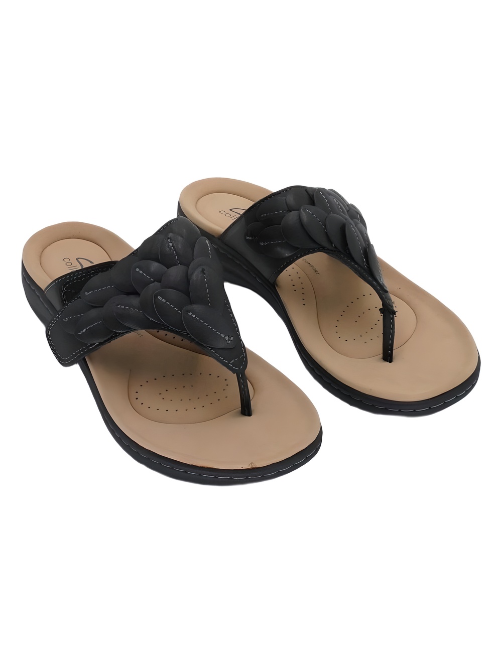 Clarks Laurieann Ruby Black Leather Thong Sandals Size 7W